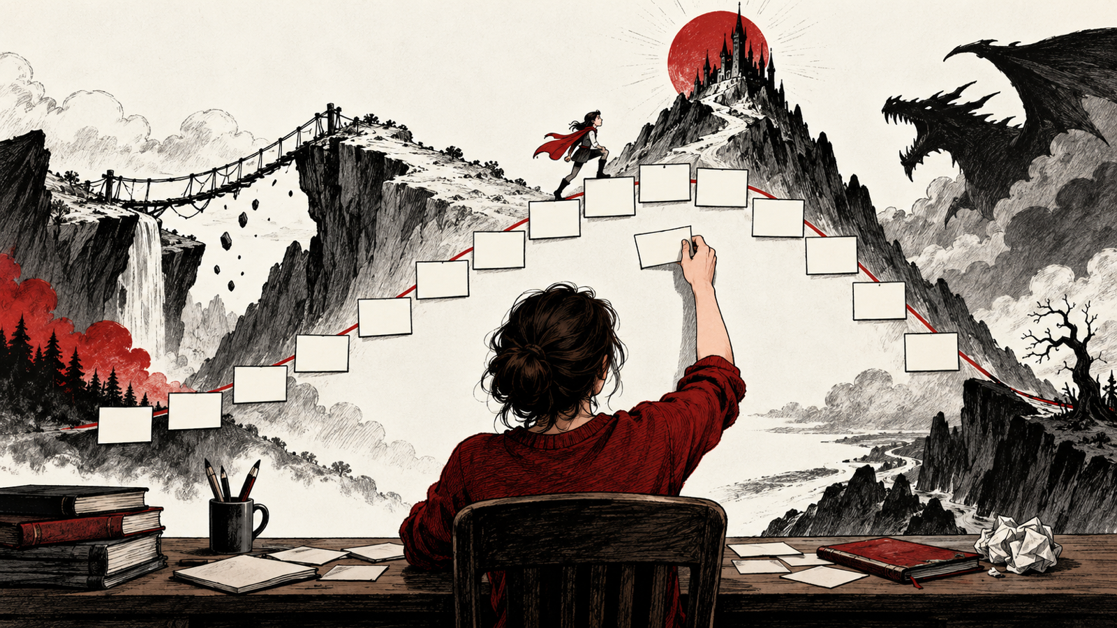 How to Improve Film Storytelling: 15 Practical Techniques — writer arranging blank beat cards into a rising dramatic arc