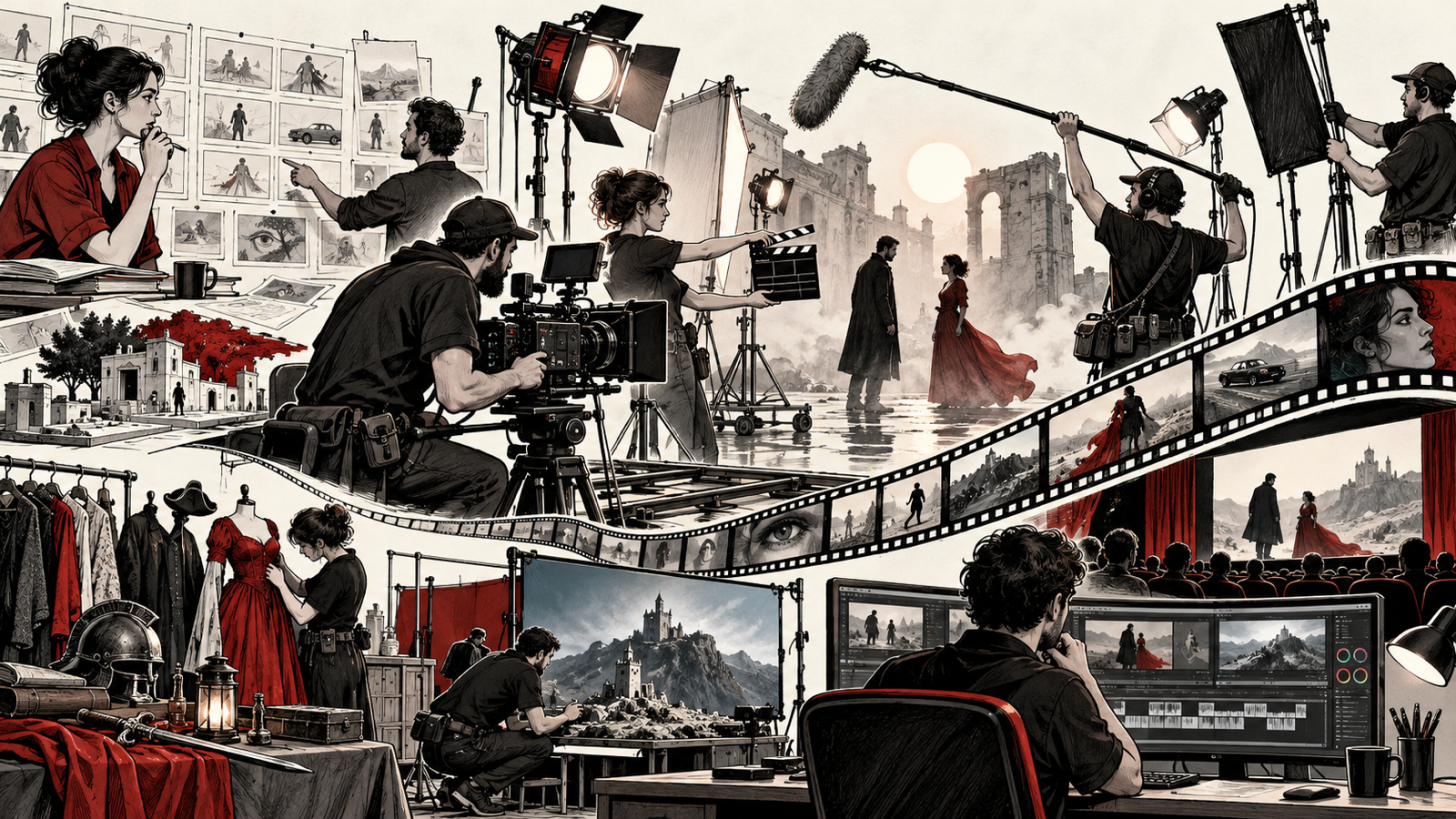 Film Terminology Explained: A Practical Glossary for Beginners — film crew with camera sound boom lighting stand editing desk arranged as a visual glossary