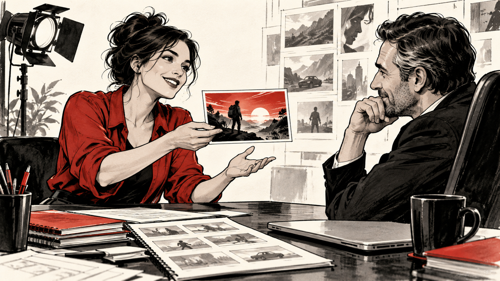 How to Pitch a Film to a Producer: 20 Preparation Tips — confident writer presenting a single story card across a desk to an attentive producer