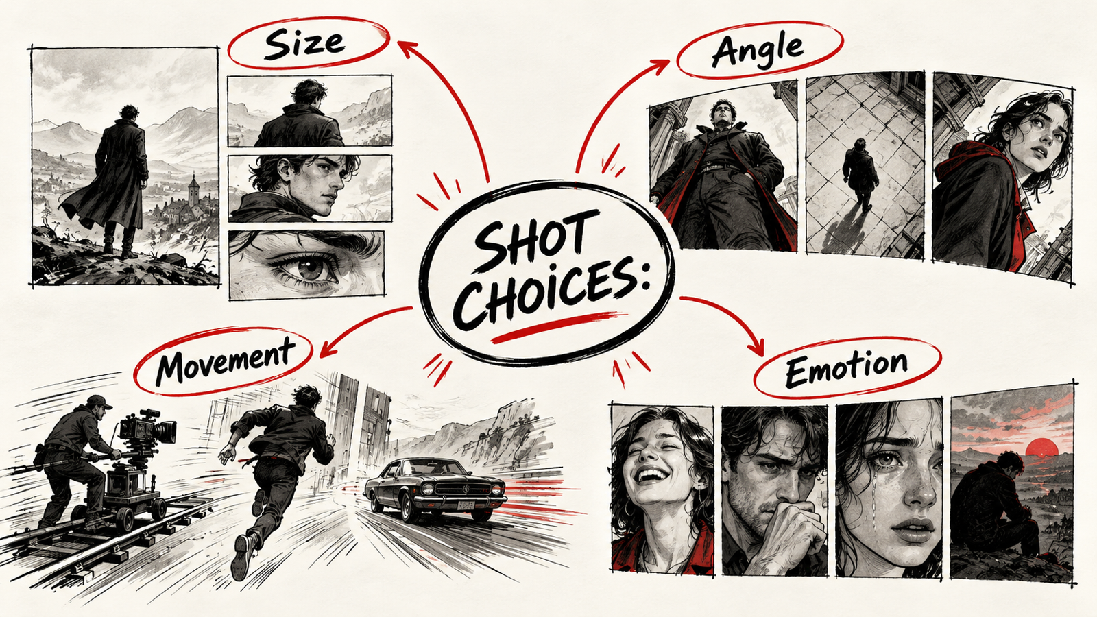 50 Camera Shots, Movements and Editing Techniques Explained — handwritten concept map