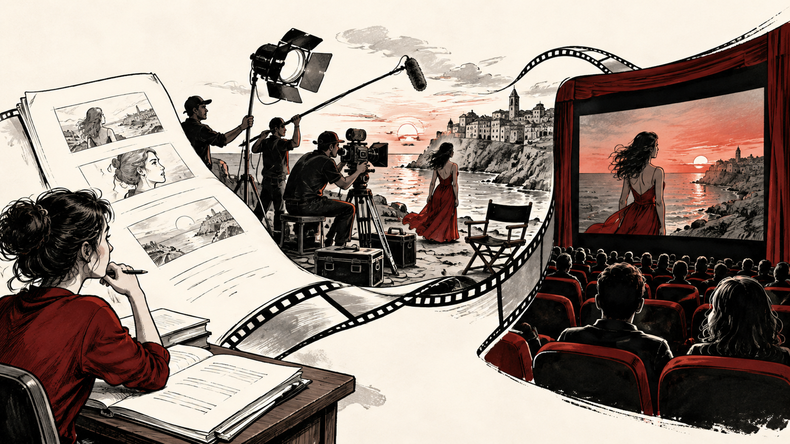 How Filmmaking Works: Story, Camera, Sound and Editing — a screenplay page becoming a film set and a final cinema screen