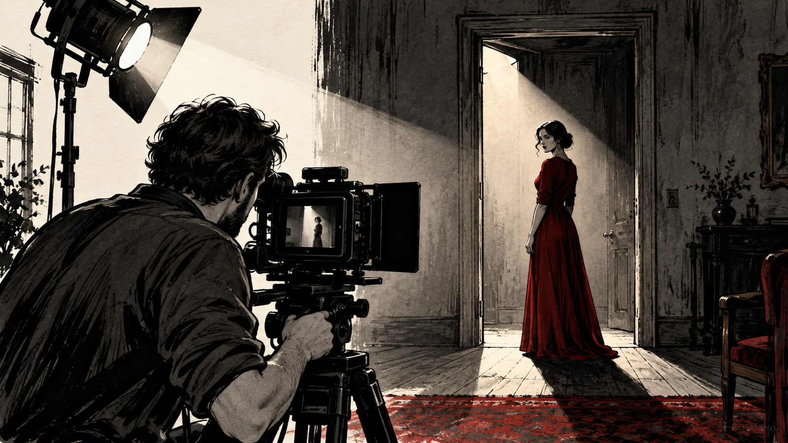 Cinematography for Beginners: How to Build a Purposeful Frame — cinematographer composing a fictional figure in a doorway under a single light