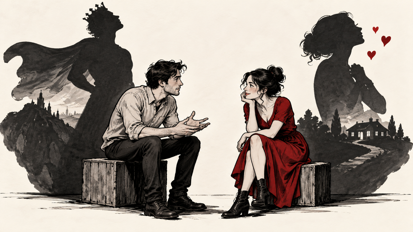 How to Write Subtext, Plot Twists and Stronger Story Conflict — two characters speaking while their expressive shadows reveal hidden desires