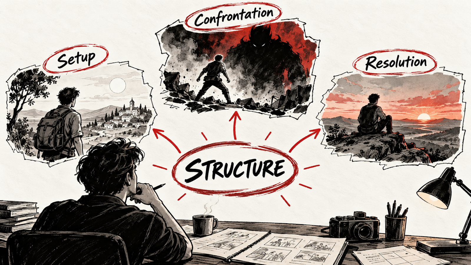 Screenplay Structure Explained: Three Acts, Story Beats and Character Change — handwritten concept map