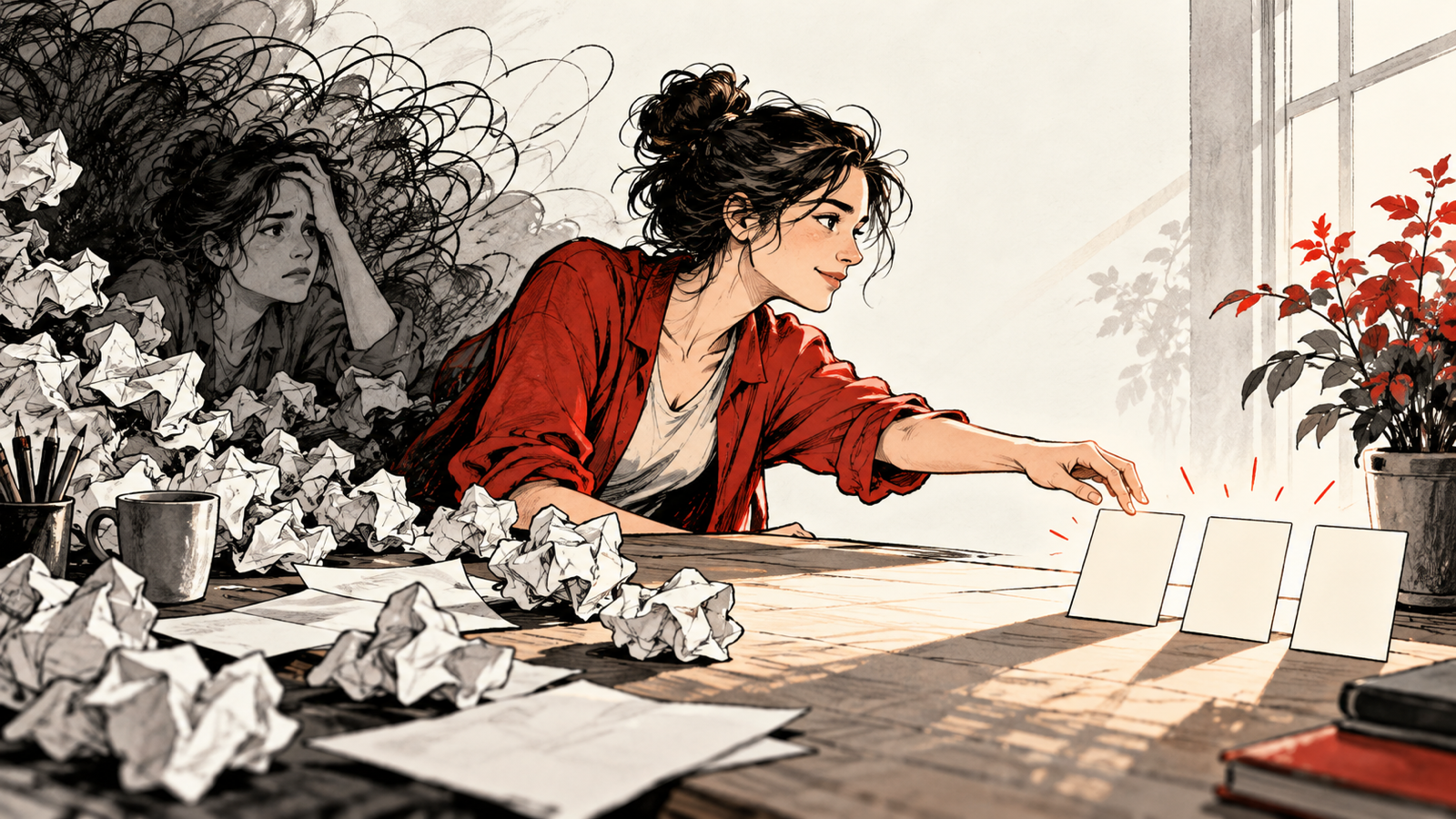 How to Overcome Screenwriter’s Block with Five AI Exercises — writer moving from crumpled pages toward three simple blank idea cards