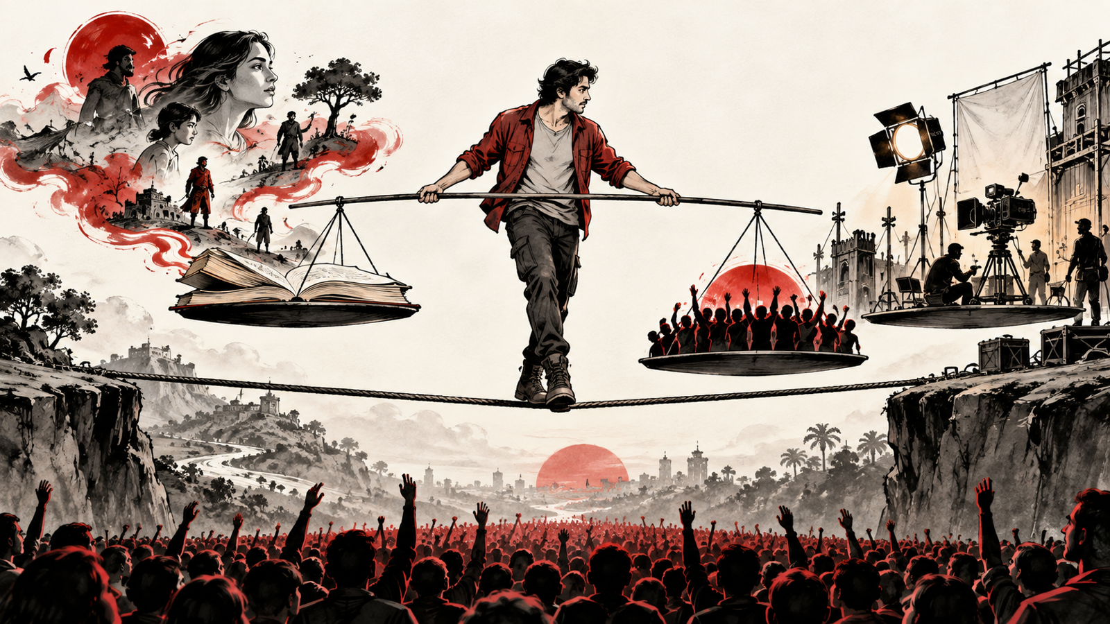 How to Develop a Commercial Film with a Credible Production Plan — filmmaker balancing a strong story concept audience silhouettes and achievable film set