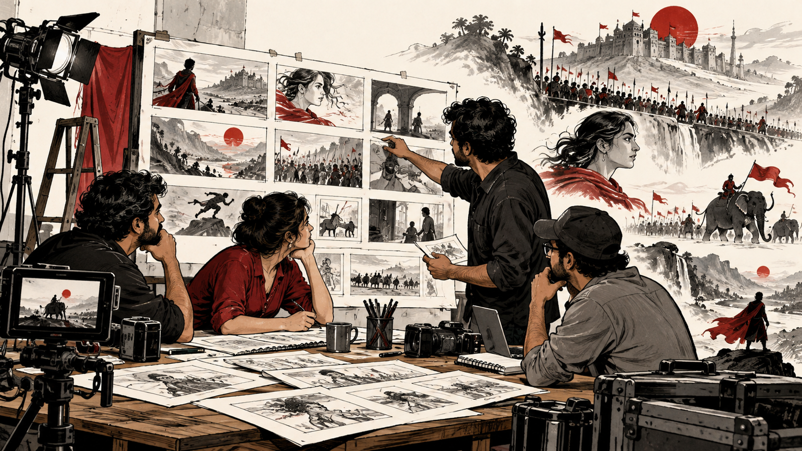 How to Develop a Commercial Film with a Credible Production Plan — creative team selecting meaningful storyboard moments with limited equipment and thoughtful planning