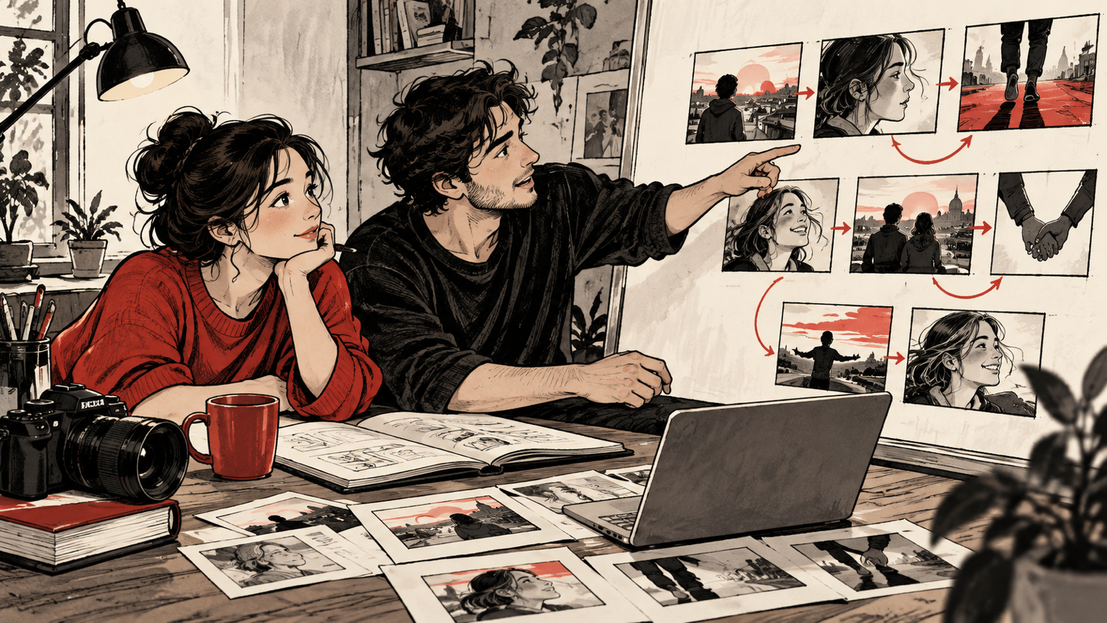 How to Write a Two-Minute Micro Drama: Hooks, Emotion and Payoff — two fictional characters in one modest room with a tiny storyboard of emotional moments
