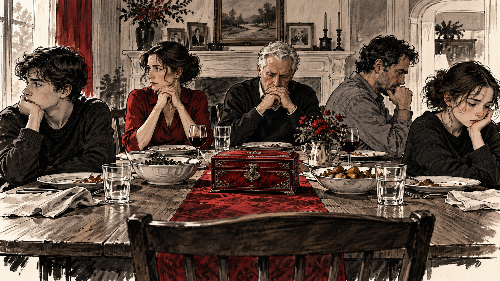How to Write a Family Drama: Conflict, Subtext and Emotional Payoff — family at dinner table with subtle emotional distance and a red heirloom object