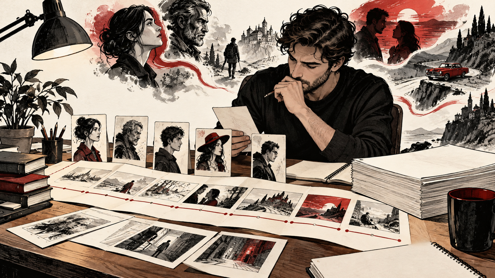 How to Write Your First Screenplay: A Nine-Step Development Process — writer examining character cards and a treatment before writing a scene at a desk