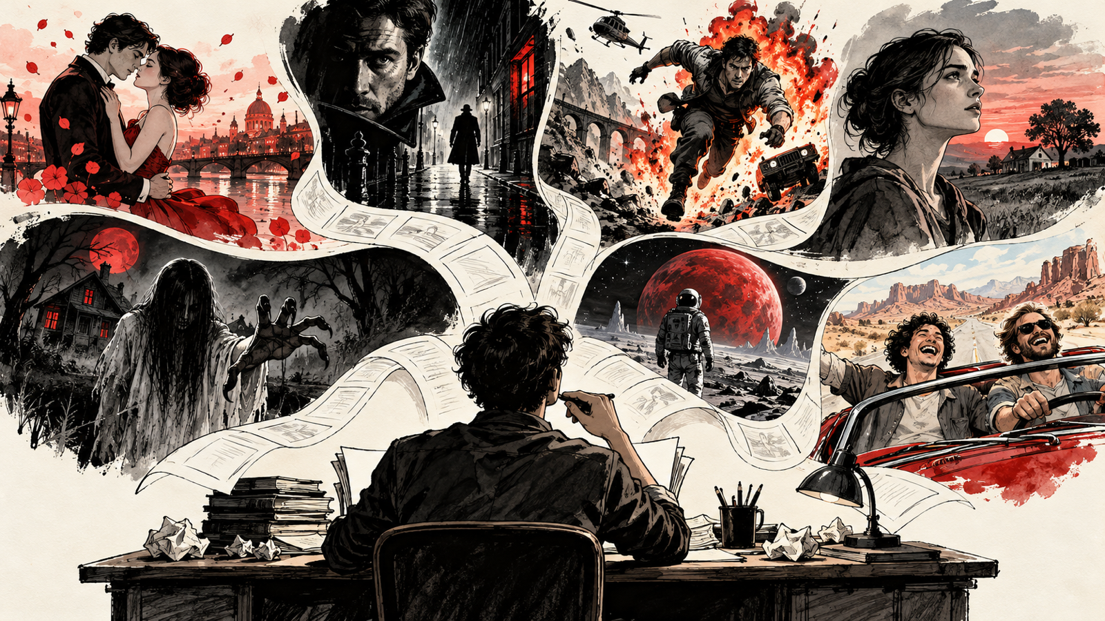How to Write Different Film Genres: Seven Story Development Frameworks — seven miniature cinematic story worlds romance thriller action drama horror sci-fi and buddy comedy