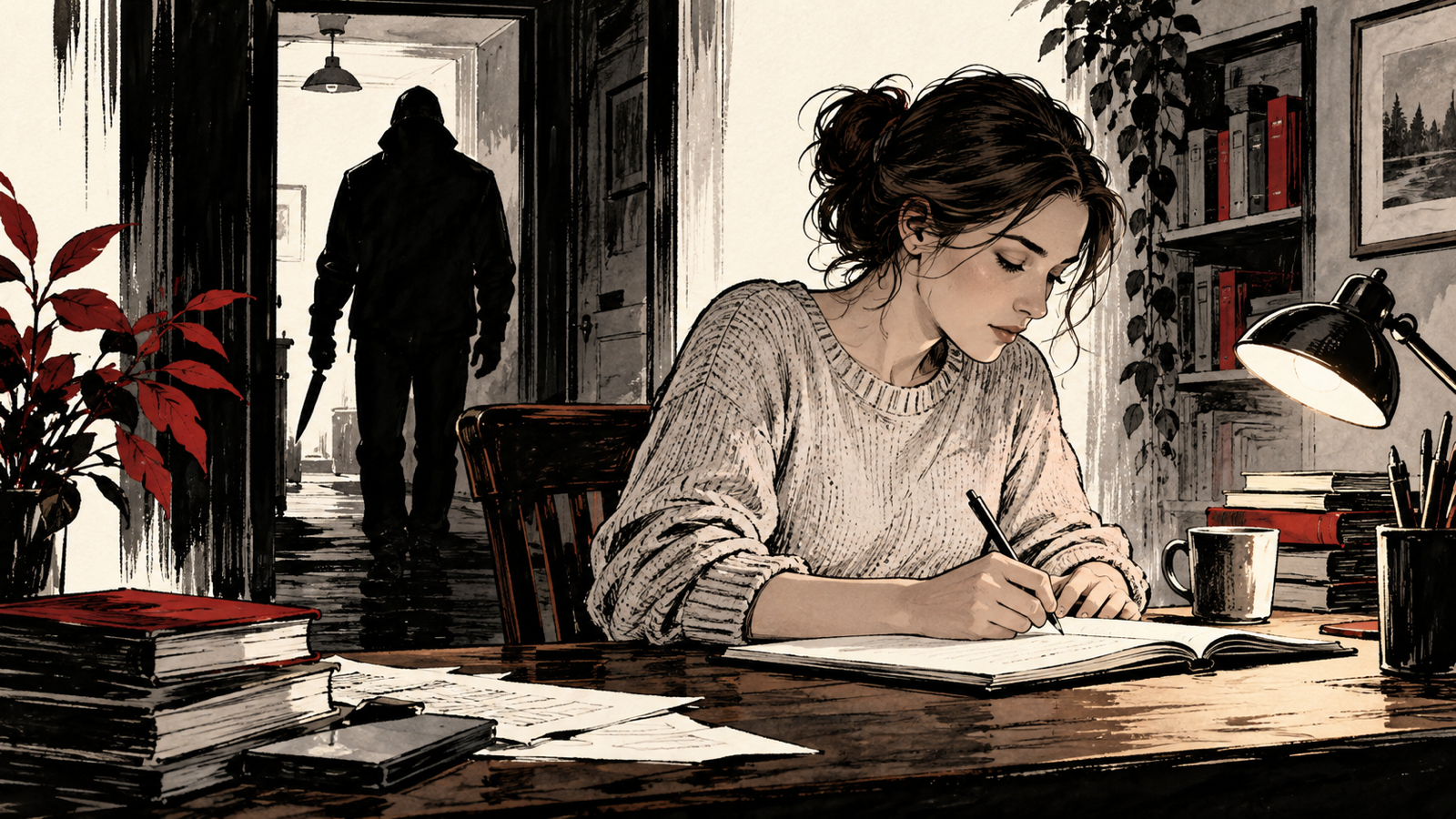 How to Write a Thriller: Secrets, Suspense and Fair Plot Twists — audience viewing a hidden threat behind a character showing knowledge gap and suspense