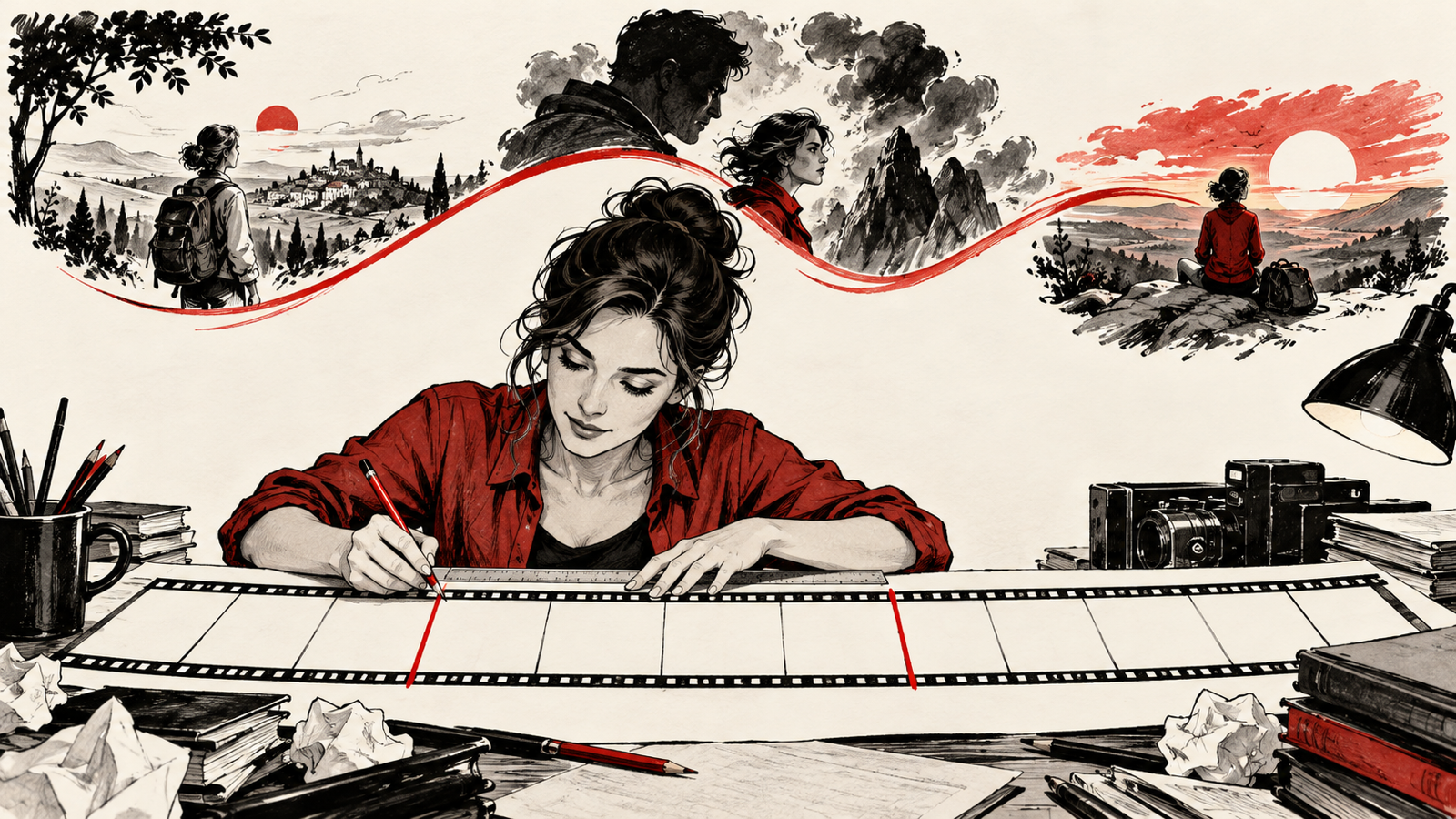 How to Plan a Two-Hour Screenplay: Acts, Beats and Pacing — screenwriter dividing a long blank storyboard strip into setup confrontation resolution