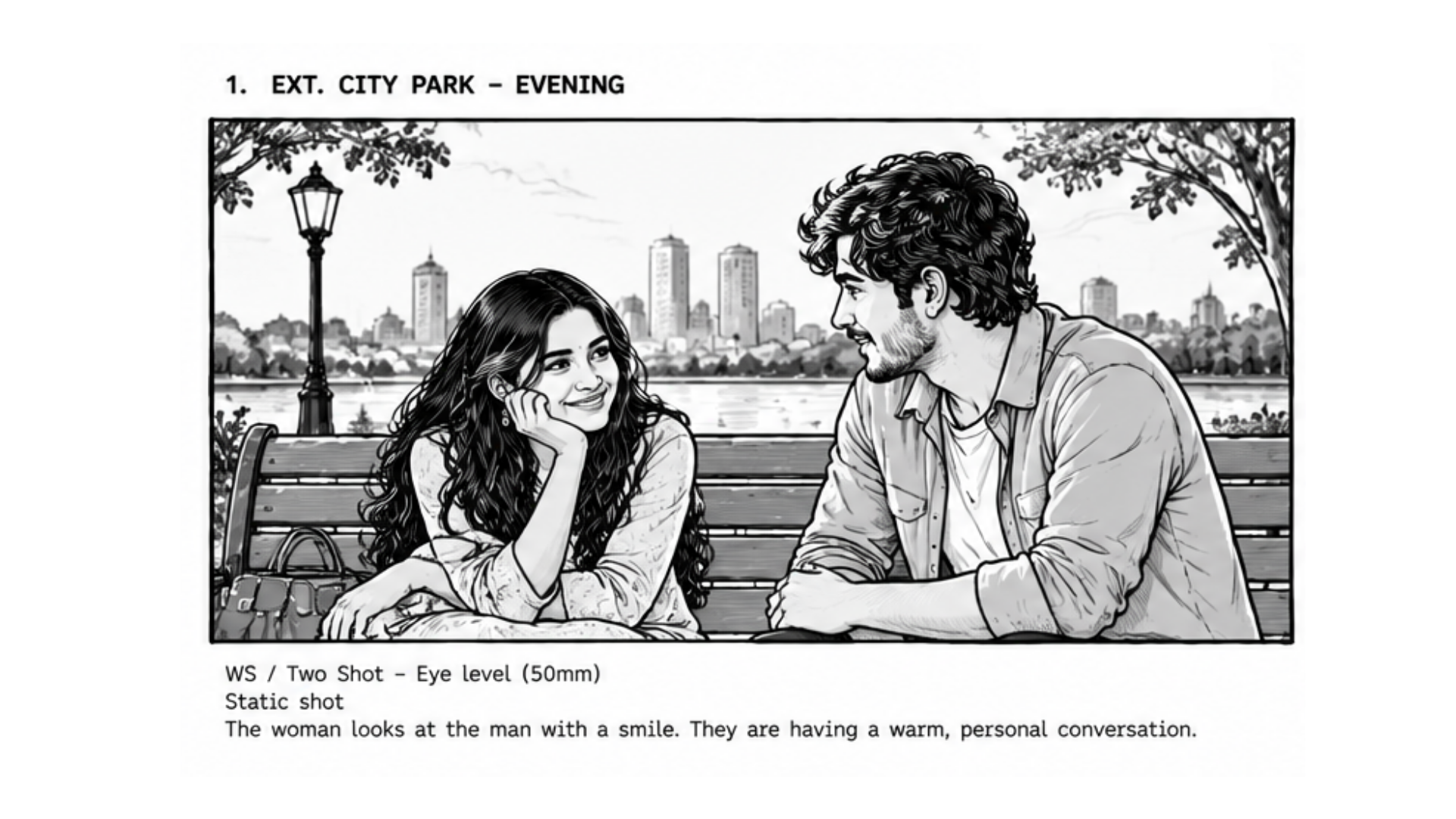 Storyboard scene 1 — couple in a city park