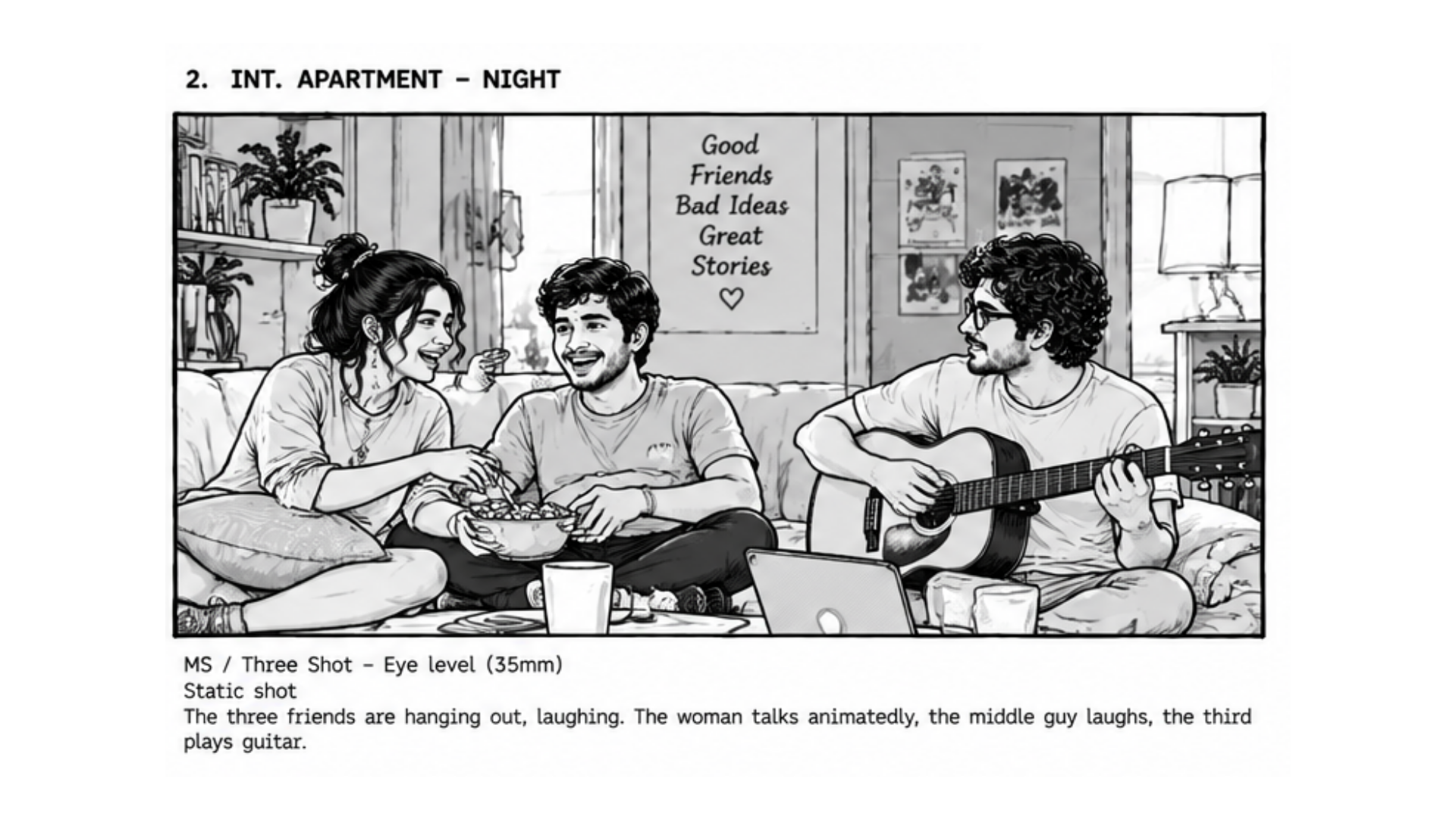 Storyboard scene 2 — friends in an apartment