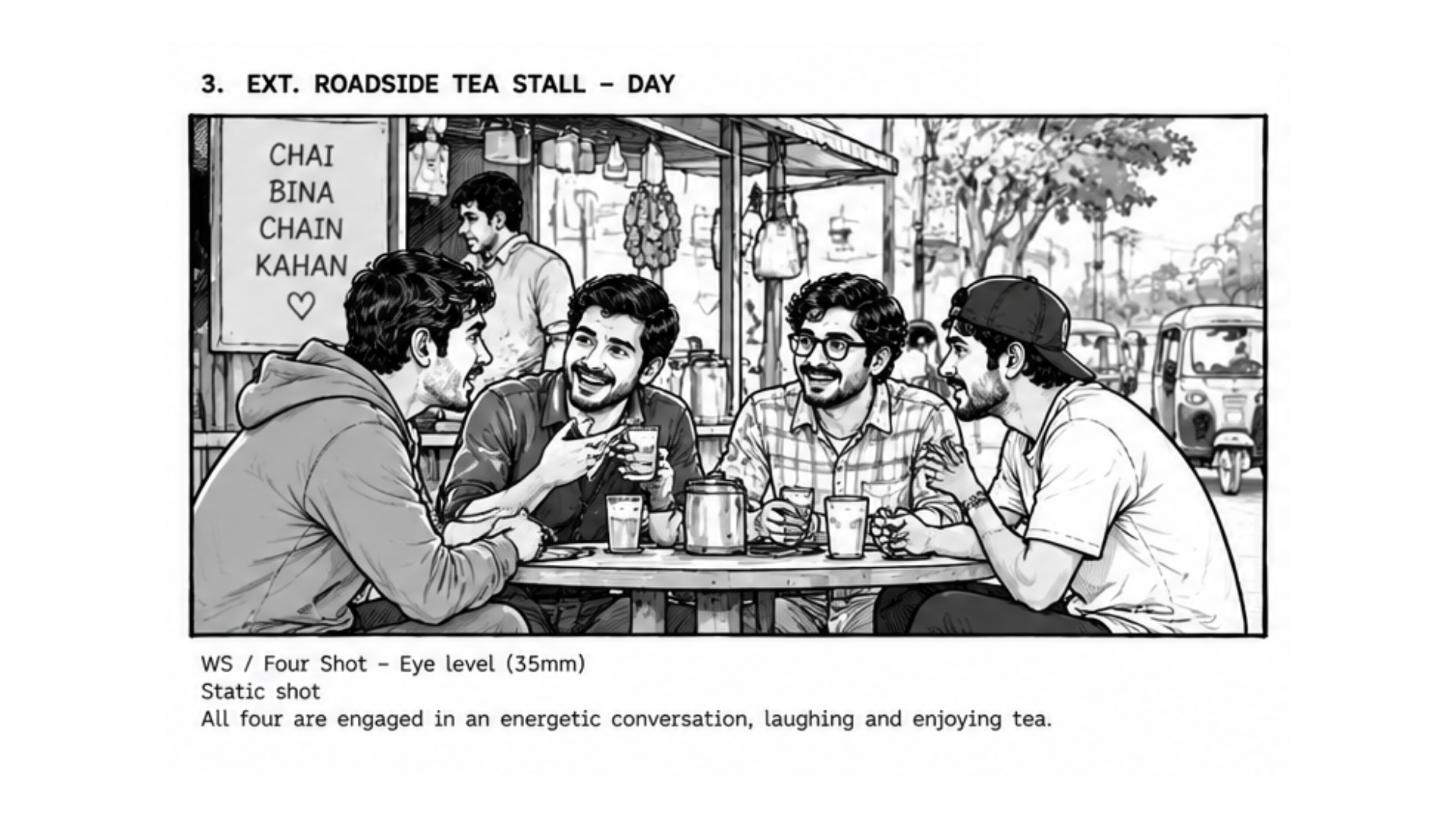 Storyboard scene 3 — friends at a roadside tea stall