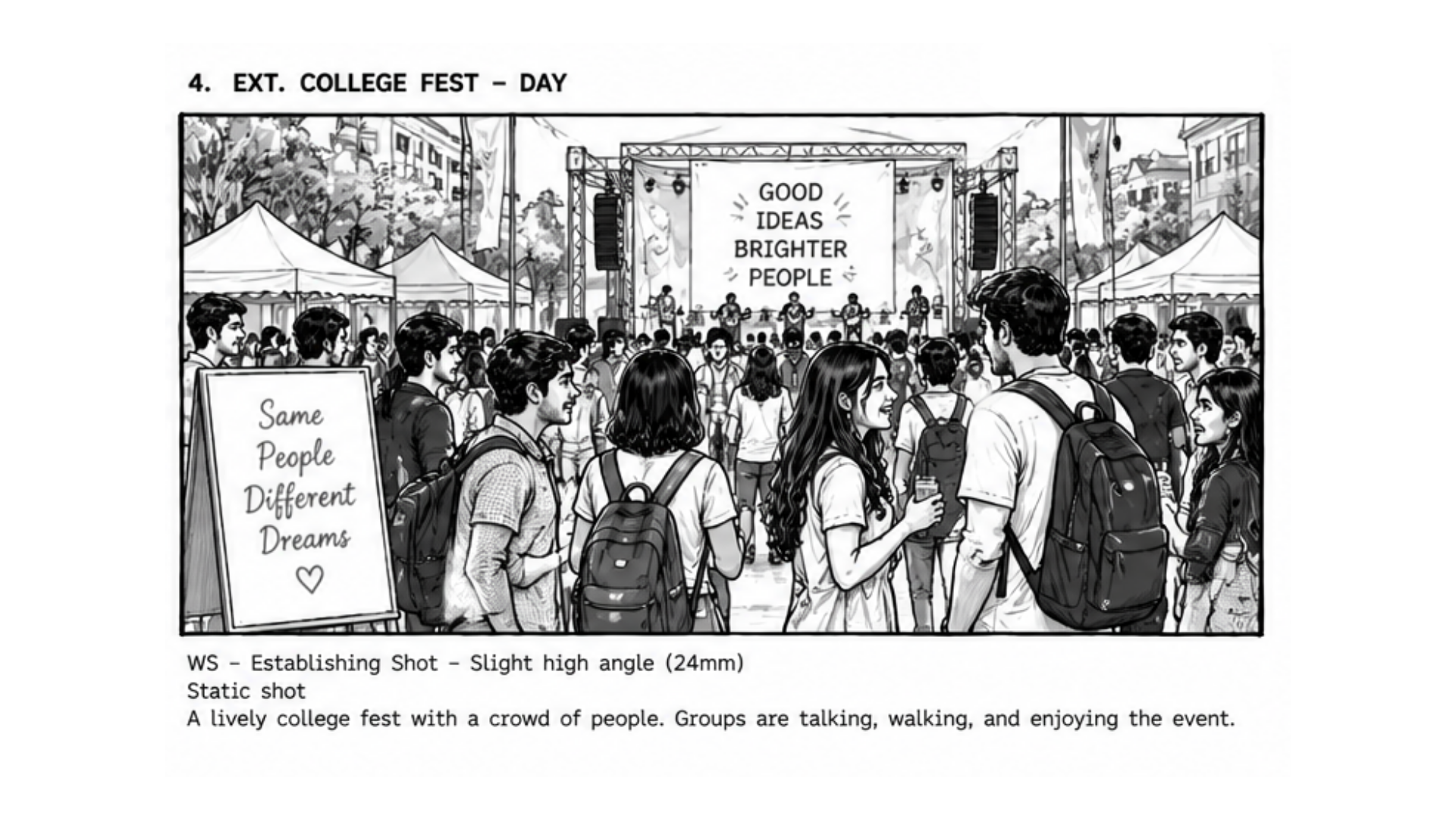 Storyboard scene 4 — college festival