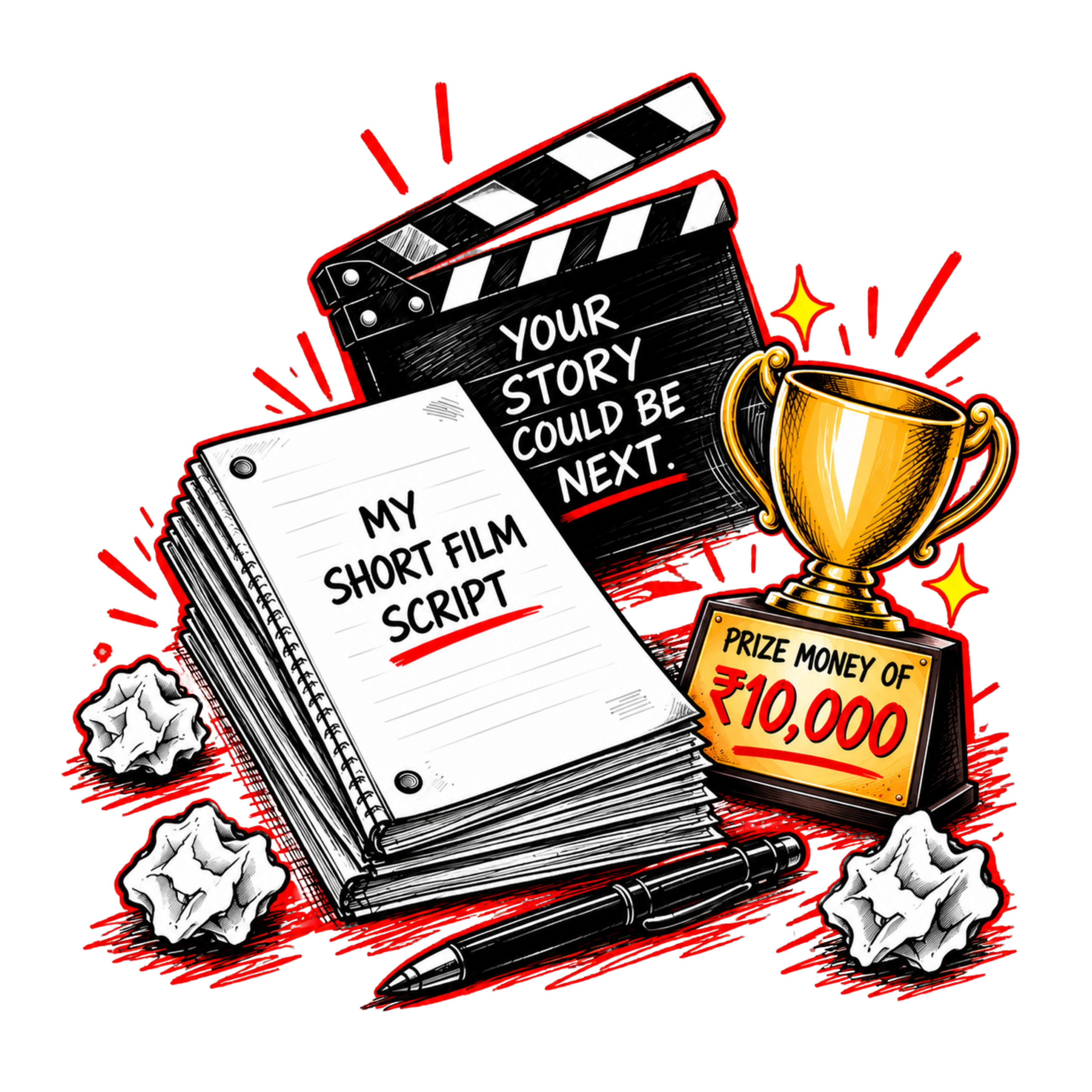 Illustration of a short-film script, clapperboard and prize trophy