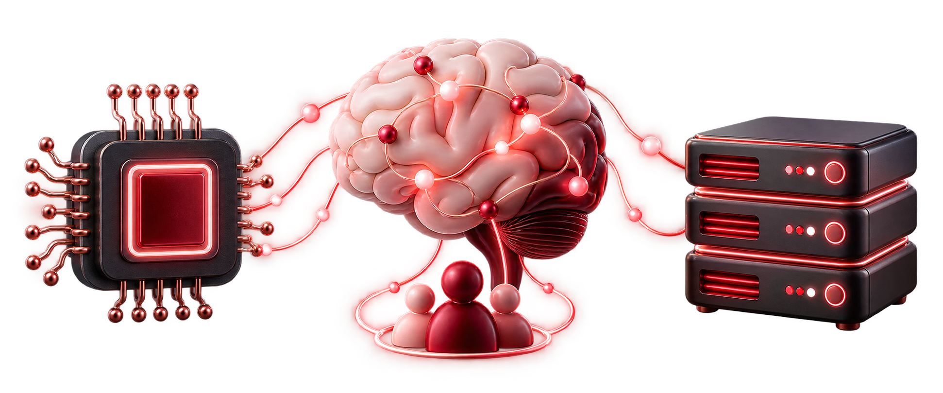 AI infrastructure represented by a processor, connected brain, servers, and creative community
