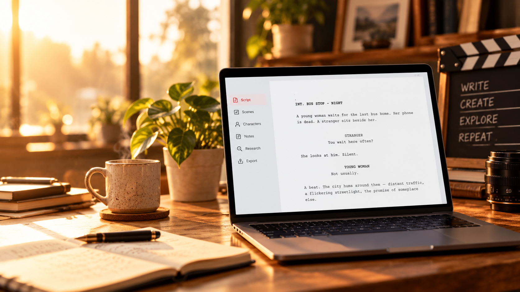 A screenplay editor open on a laptop in a warm filmmaker's studio