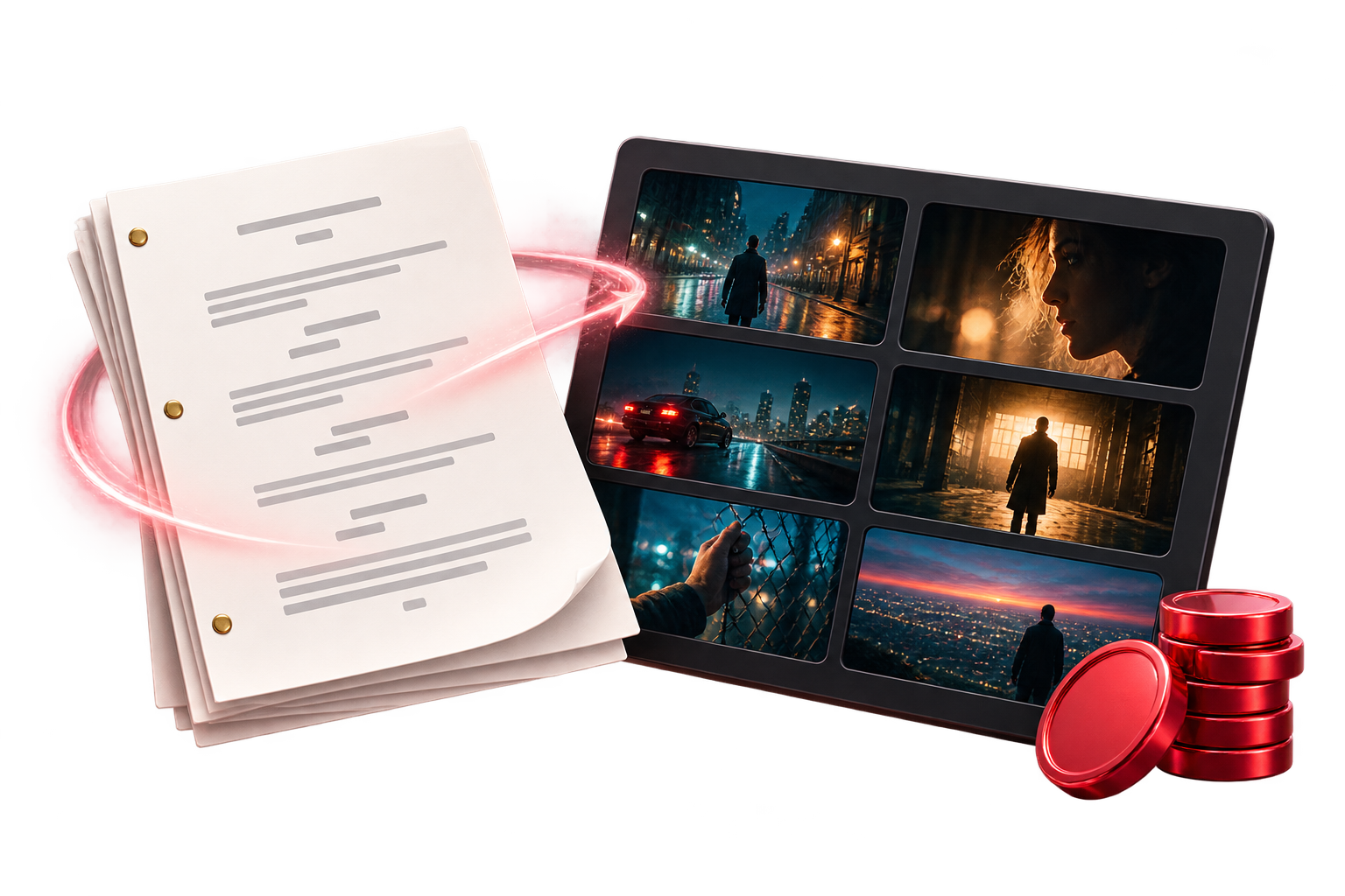 A screenplay transforming into a cinematic storyboard with credit tokens